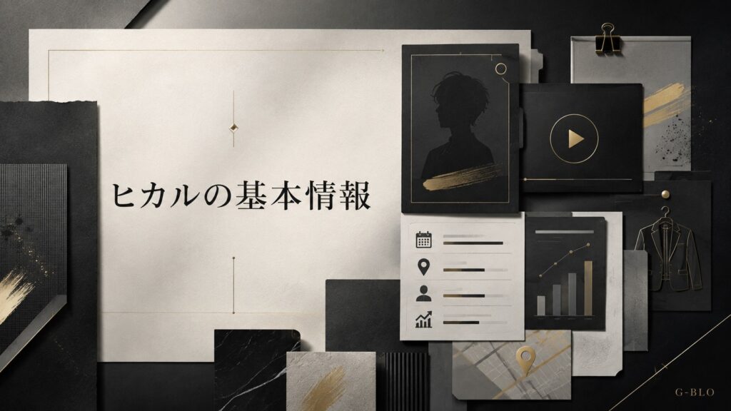 ヒカルの基本情報をプロフィールカードや動画、ファッションのモチーフで表現したG-BLO記事内画像