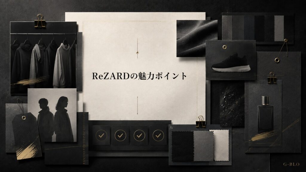 ReZARDの魅力ポイントを洋服や生地、シューズなどのファッションモチーフで表現した画像