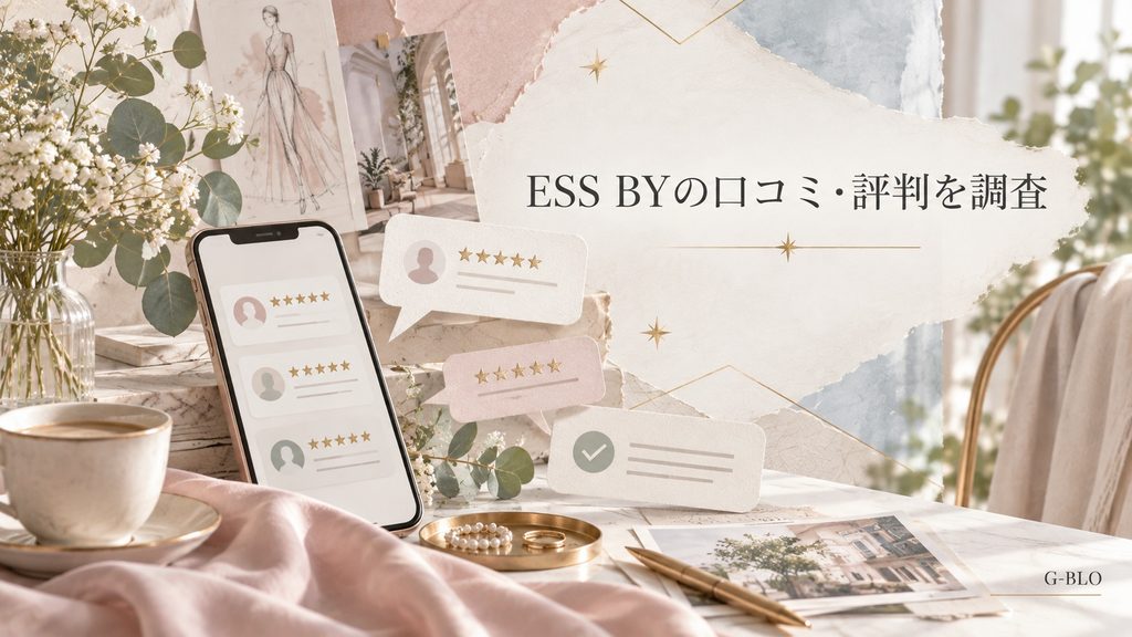 ESS BYの口コミ・評判をイメージした、スマートフォンやレビューカード、星評価モチーフを配置した上品なビジュアル