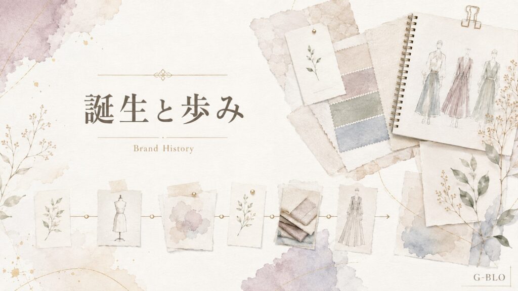 Lautashiの誕生から現在までの歩みを表現した、年表風のカードとファッションモチーフを組み合わせた水彩コラージュ画像