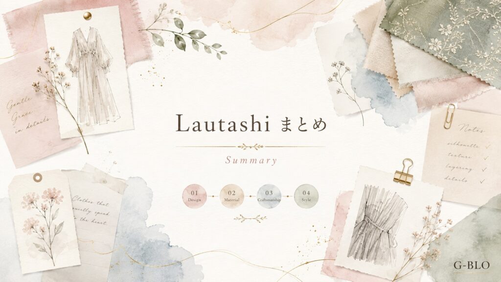 Lautashiの世界観をまとめた、ファッションスケッチや生地、植物モチーフを配置した上品な水彩サマリー画像