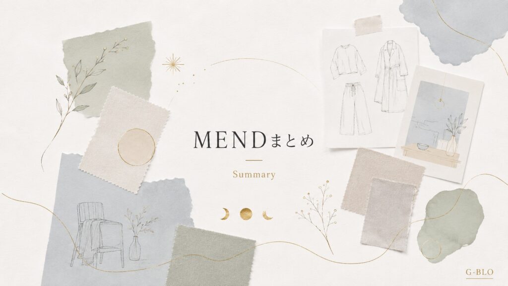 MENDの日常に寄り添う魅力を洋服のスケッチや生地見本、暮らしのモチーフでまとめたイメージ
