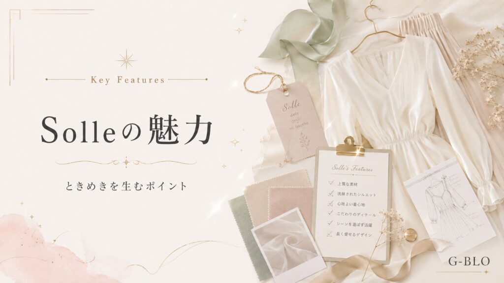 Solleの特徴と魅力をイメージした洋服や生地見本、チェックカードを配置した画像