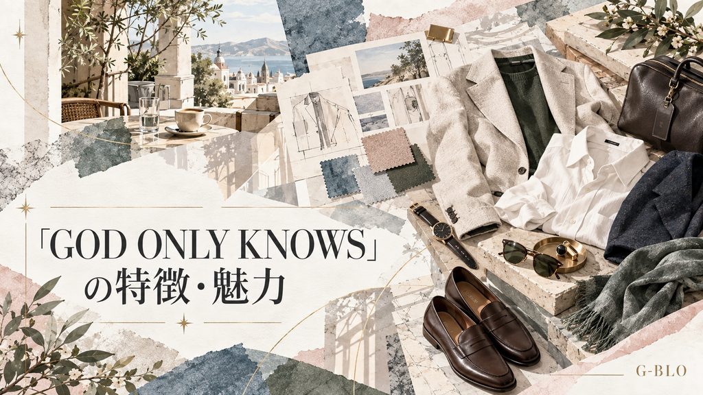 「GOD ONLY KNOWS」の特徴や魅力をイメージした、メンズファッションや小物、スタイリングボードを配置したG-BLO記事内画像