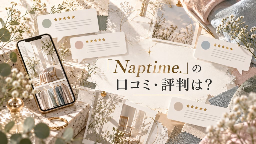 「Naptime.」の口コミや評判をイメージし、スマートフォン、レビューカード、星評価、植物や布小物をやわらかくコラージュした上品なレビューイメージ画像